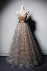 Champagne Prom Dress V Neck Tulle Long Evening Dress