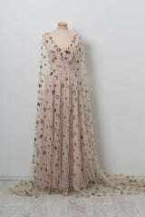 Champagne Prom Dress V Neck Tulle Long Evening Dress