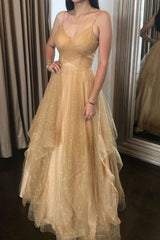Champagne Prom Dress V Neck Tulle Long Formal Evening Dress