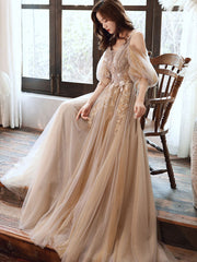 Champagne Prom Dress V Neck Tulle Long Formal Gown Evening Dress