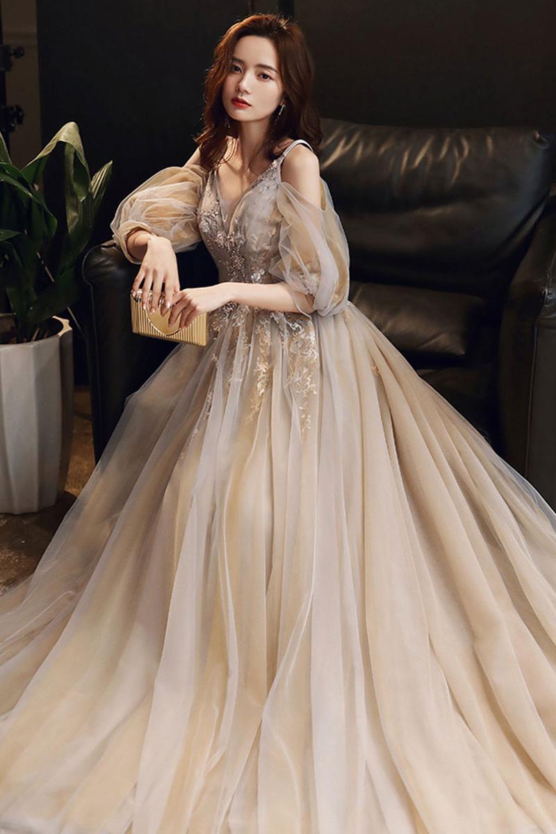 Champagne Prom Dress V Neck Tulle Long Formal Gown Evening Dress
