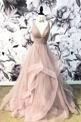 Champagne Prom Dress V Neck Tulle Long Formal Gown Evening Dress