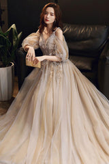 Champagne Prom Dress V Neck Tulle Long Formal Gown Evening Dress
