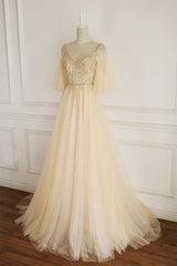 Champagne Prom Dress V Neck Tulle Sequin Long Evening Dress