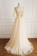 Champagne Prom Dress V Neck Tulle Sequin Long Evening Dress