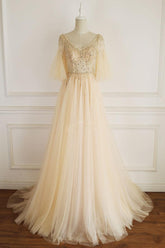 Champagne Prom Dress V Neck Tulle Sequin Long Evening Dress
