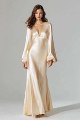 Dressystars Champagne Satin Mermaid V-Neck Long Prom Dress With Sleeves