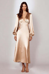 Dressystars Champagne Satin Sheath V-Neck Long Prom Dress With Sleeves
