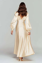 Dressystars Champagne Satin V-Neck Backless Long Evening Dress With Sleeves