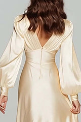 Dressystars Champagne Satin V-Neck Backless Long Evening Dress With Sleeves