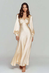 Dressystars Champagne Satin V-Neck Backless Long Evening Dress With Sleeves