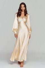 Dressystars Champagne Satin V-Neck Backless Long Evening Dress With Sleeves