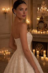 Champagne Sequin A Line Wedding Dress with High Low Hem