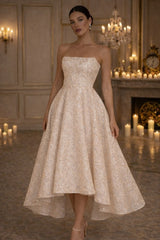 Champagne Sequin A Line Wedding Dress with High Low Hem