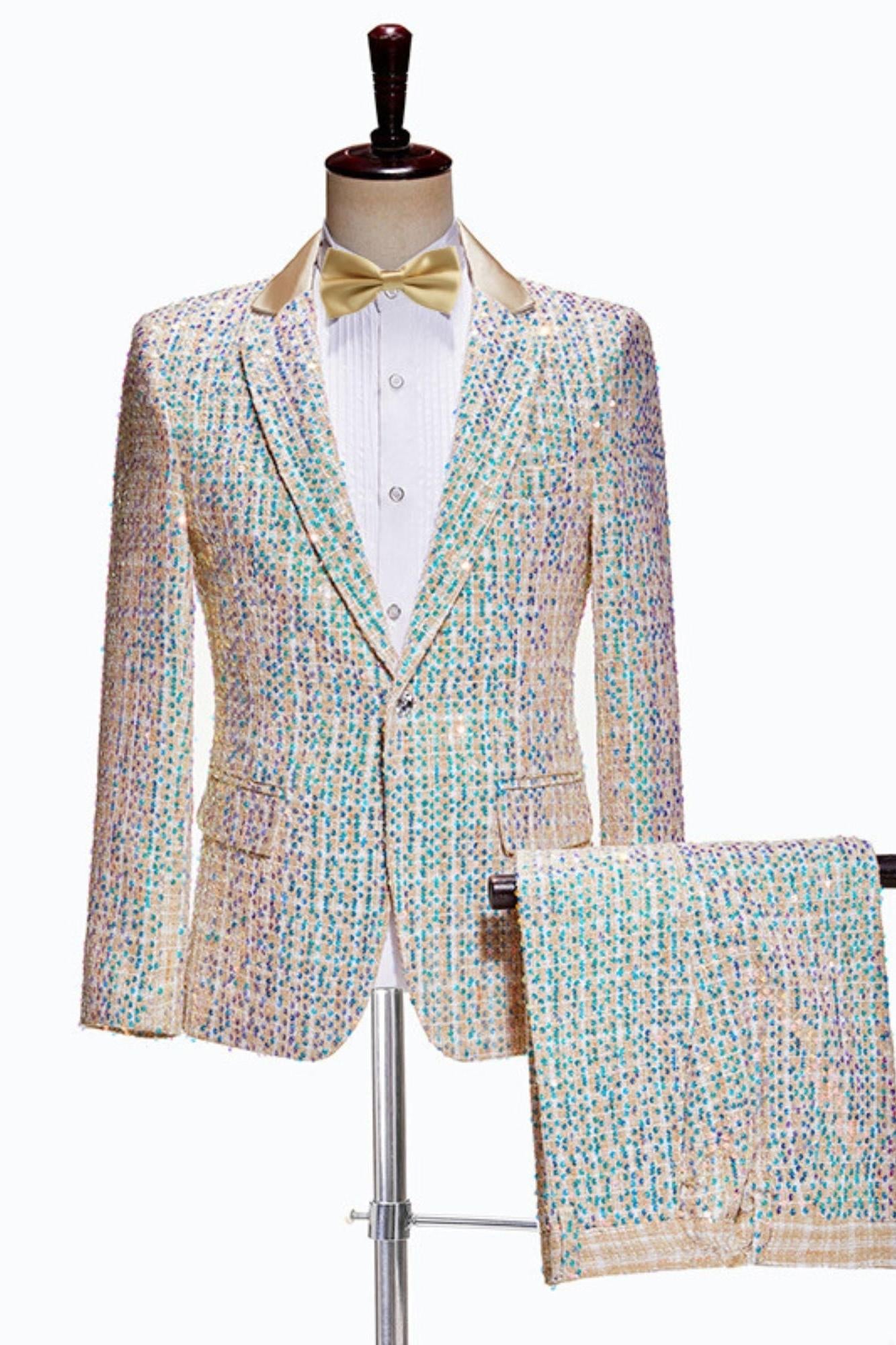 Champagne Sequin Two-Piece Wedding Suit For Men Slim Fit With Single Button
