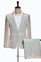 Champagne Sequin Two-Piece Wedding Suit For Men Slim Fit With Single Button