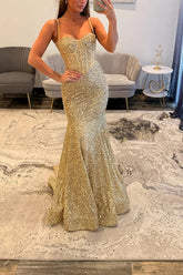 Champagne Sequins Prom Dress Corset Mermaid Spaghetti Straps Long Formal Dress