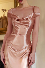 Dressystars Champagne Sheath Cold Shoulder Long Satin Prom Dress