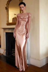 Dressystars Champagne Sheath Cold Shoulder Long Satin Prom Dress