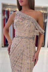 Champagne Sheath/Column Prom Dress Cap Sleeve Asymmetric Neck Tea Length Formal Dress