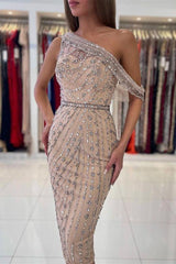 Champagne Sheath/Column Prom Dress Cap Sleeve Asymmetric Neck Tea Length Formal Dress