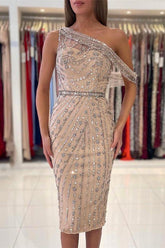 Champagne Sheath/Column Prom Dress Cap Sleeve Asymmetric Neck Tea Length Formal Dress