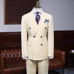 Champagne Striped Double Breasted Peaked Lapel Prom Suit