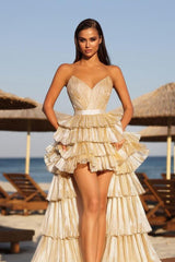 Champagne Tiered Prom Dress Sleeveless Sweetheart High Low Formal Dress