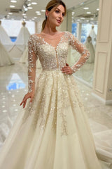 Champagne Tulle A Line Wedding Dress with Long Sleeves and Sequin Appliques