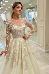 Champagne Tulle A Line Wedding Dress with Long Sleeves and Sequin Appliques