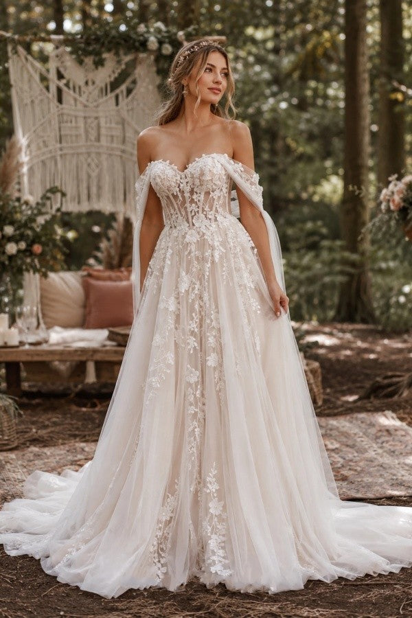 Champagne Tulle A Line Wedding Dress with Off Shoulder Drapes and Corset Bodice