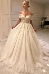 Champagne Tulle A Line Wedding Dress with Off Shoulder Straps and Beaded Appliques