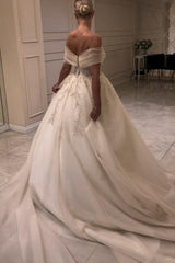 Champagne Tulle A Line Wedding Dress with Off Shoulder Straps and Beaded Appliques