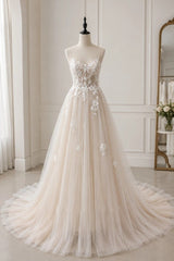 Champagne Tulle A Line Wedding Dress with Spaghetti Straps and Lace-Up Back