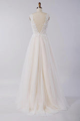 Champagne Tulle Wedding Dress Lace Appliques A-Line Sleeveless Bridal Dress