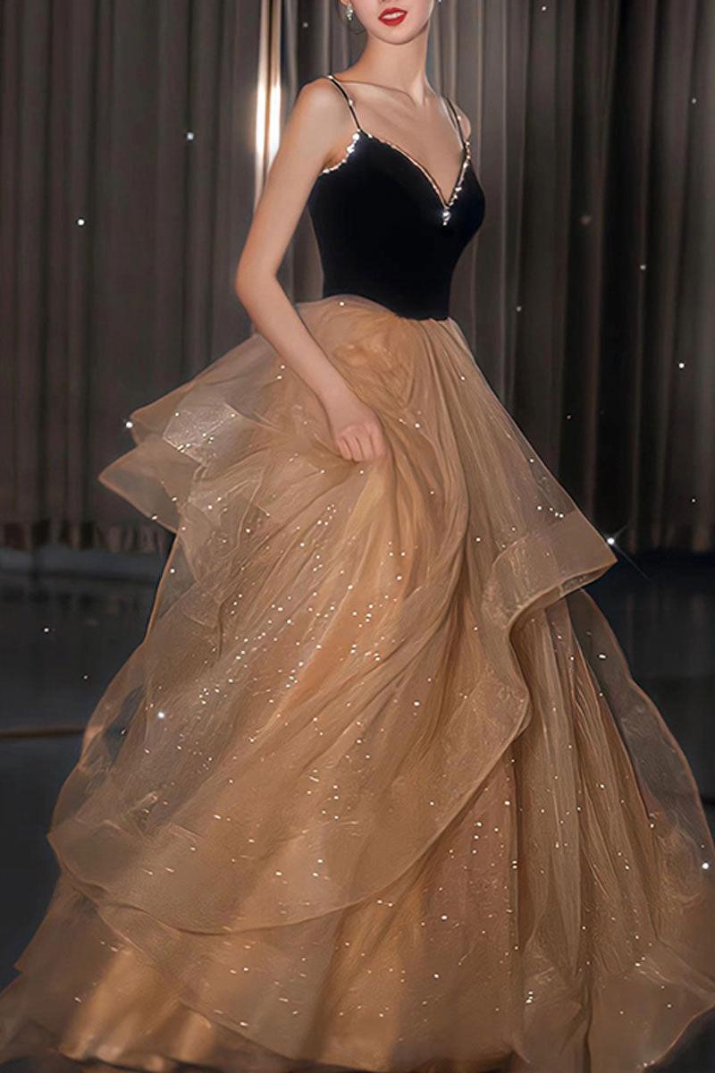Champagne Velvet Formal Dress V Neck Tulle Long Evening Dress
