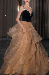 Champagne Velvet Formal Dress V Neck Tulle Long Evening Dress