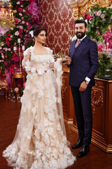 Champagne Wedding Dress A Line Square Beaded Illusion Sleeves Sequined Long Tulle Bridal Gown With 3D Flowers