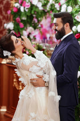 Champagne Wedding Dress A Line Square Beaded Illusion Sleeves Sequined Long Tulle Bridal Gown With 3D Flowers