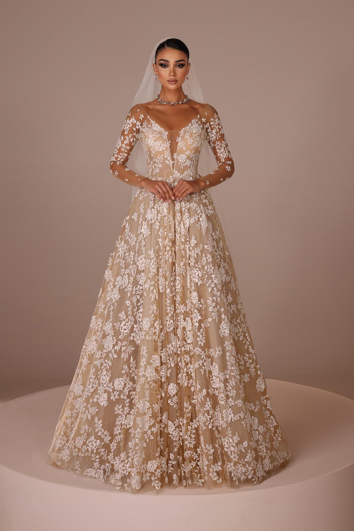 Champagne Wedding Dress A Line V Neck Illusion Sleeves Floor Length Tulle Bridal Gown With Appliques