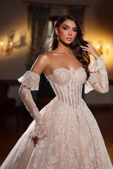 Champagne Wedding Dress Sweetheart Sleeveless Beaded Lace Princess Ball Gown Bridal Gown