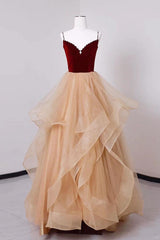 Champagne/Burgundy Velvet Formal Dress Long A Line Tulle Evening Dress