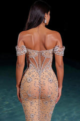 Dressystars Champagne Formal Dress Off the Shoulder Tulle Corset Prom Dress with Rhinestones