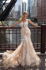 Chanpagne Wedding Dress Ivory Lace Appliqued Mermaid Crew Neck Bridal Gown