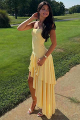 Asymmetrical Strapless Blue Long Prom Dress With Ruffles Formal Evening Gown