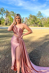 Charming Mermaid Prom Dress One Shoulder Satin Evening Dress With Split