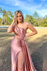 Charming Mermaid Prom Dress One Shoulder Satin Evening Dress With Split
