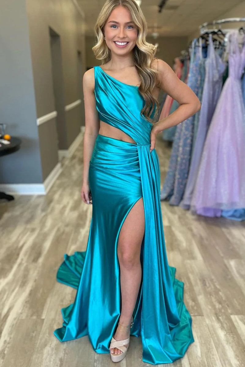 Charming Mermaid Prom Dress One Shoulder Satin Evening Dress With Split