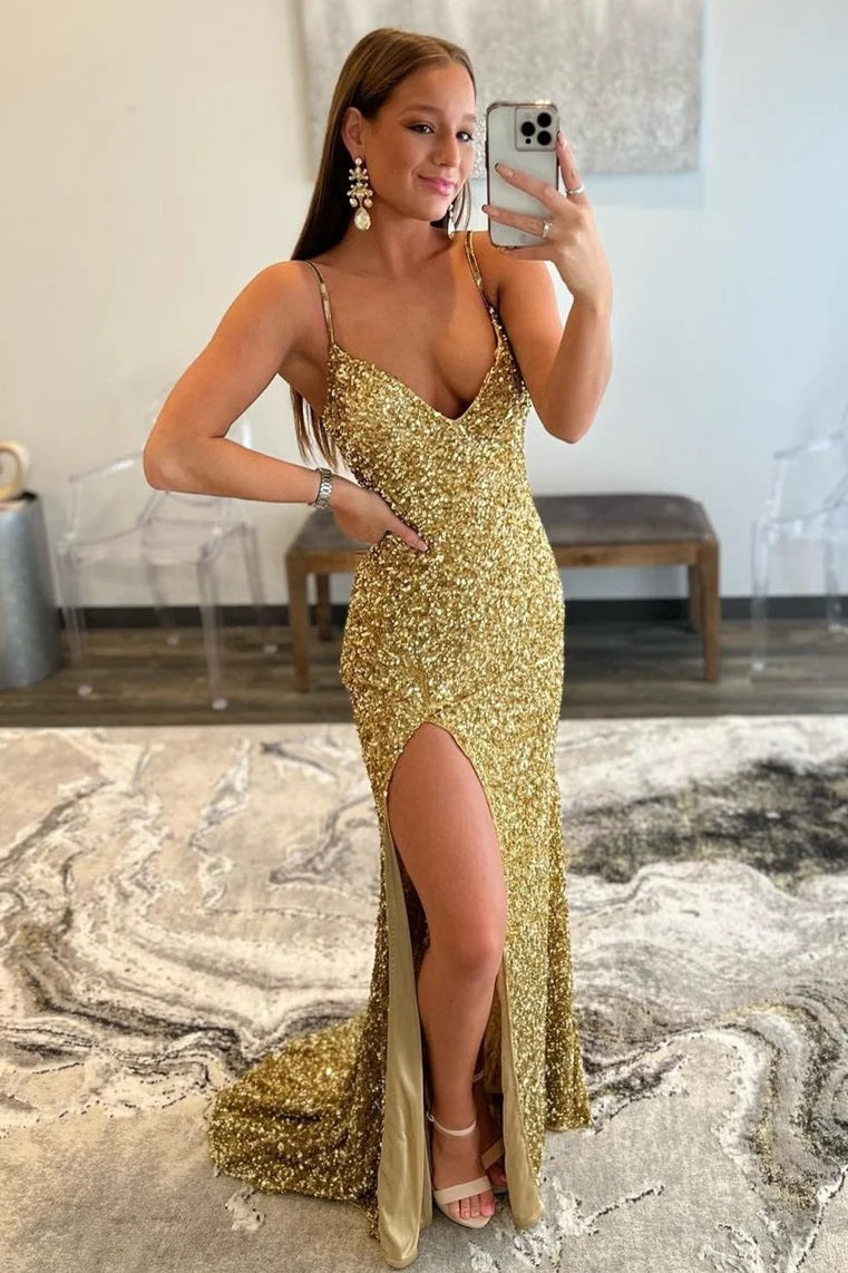 Charming Prom Dress Mermaid V Nekc Gold Sequin Long Evening Dress with Split