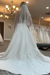 Chic A-Line Spaghetti Straps White Long Wedding Dress with Beading